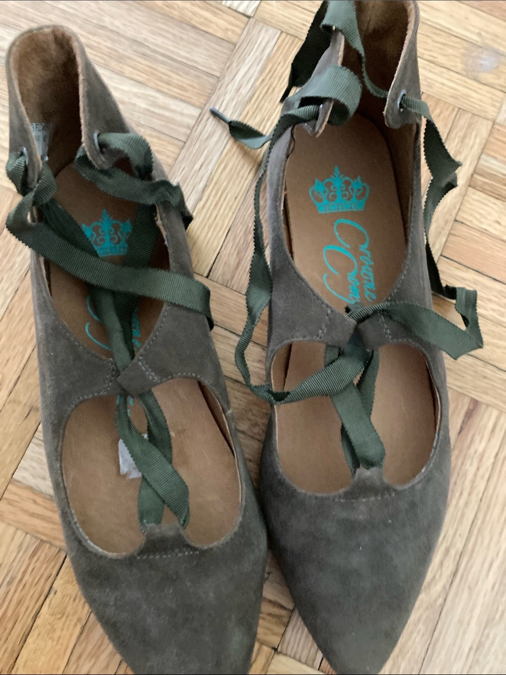Crown Olive Green Suede Pointed Lace-Up Flats